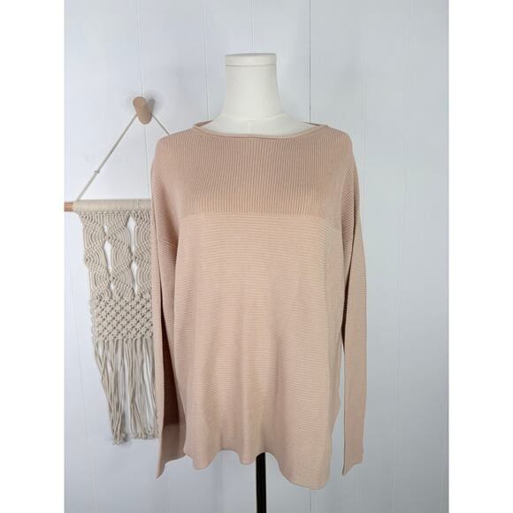 Eileen Fisher Tencel Rolled Neck Sweater Size Small Tan Beige Rib Knit Contrast - Picture 1 of 8